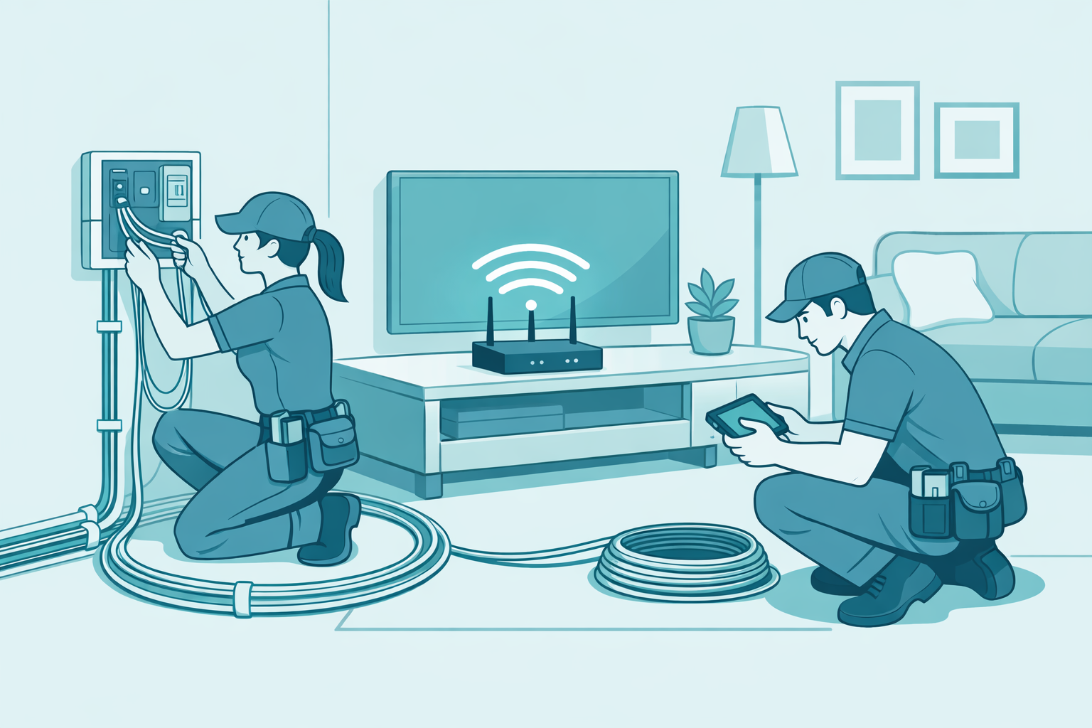 Technician placing mesh Wi-Fi with speed test success