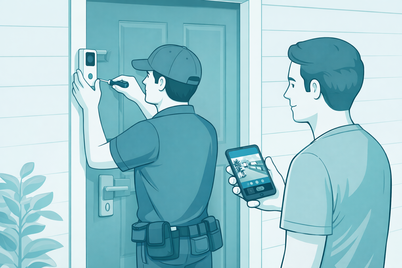 Technician installing smart home security
