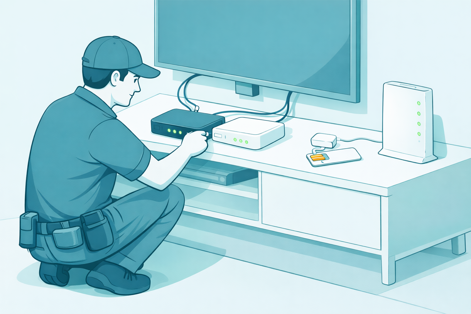 Technician setting up TV and wireless internet